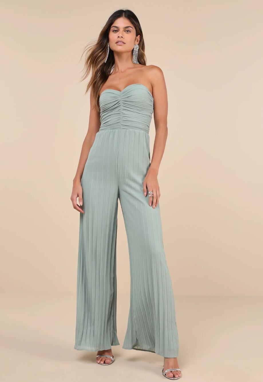 NWT Lulus Certainly Charming Sage Pleated Strapless Wide-Leg Jumpsuit XL